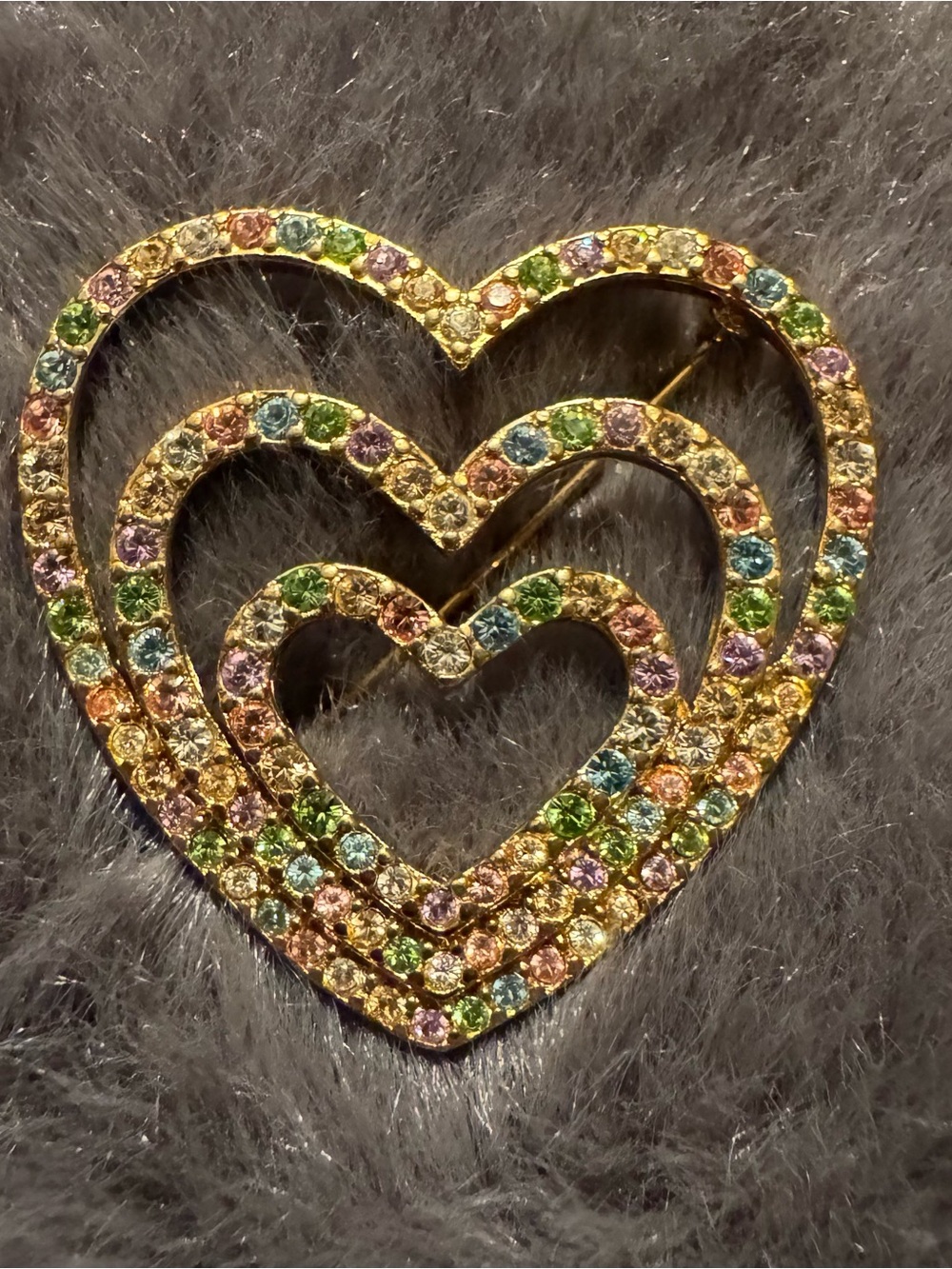 Gold-Tone Triple Heart Vintage Brooch Multicolor Rhinestones